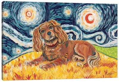 Cavalier King Charles On A Starry Night Ruby Canvas Art Print - Spaniels
