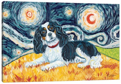Cavalier King Charles On A Starry Night Tricolor Canvas Art Print - Cavalier King Charles Spaniel Art