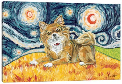 Chihuahua On A Starry Night Long Haired Canvas Art Print - Chihuahua Art