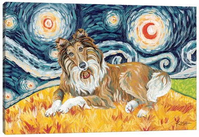 Collie On A Starry Night Brown Face Canvas Art Print - Collie Art