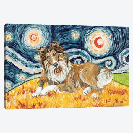 Collie On A Starry Night White Stripe Canvas Print #GKS47} by Gretchen Kish Serrano Canvas Artwork