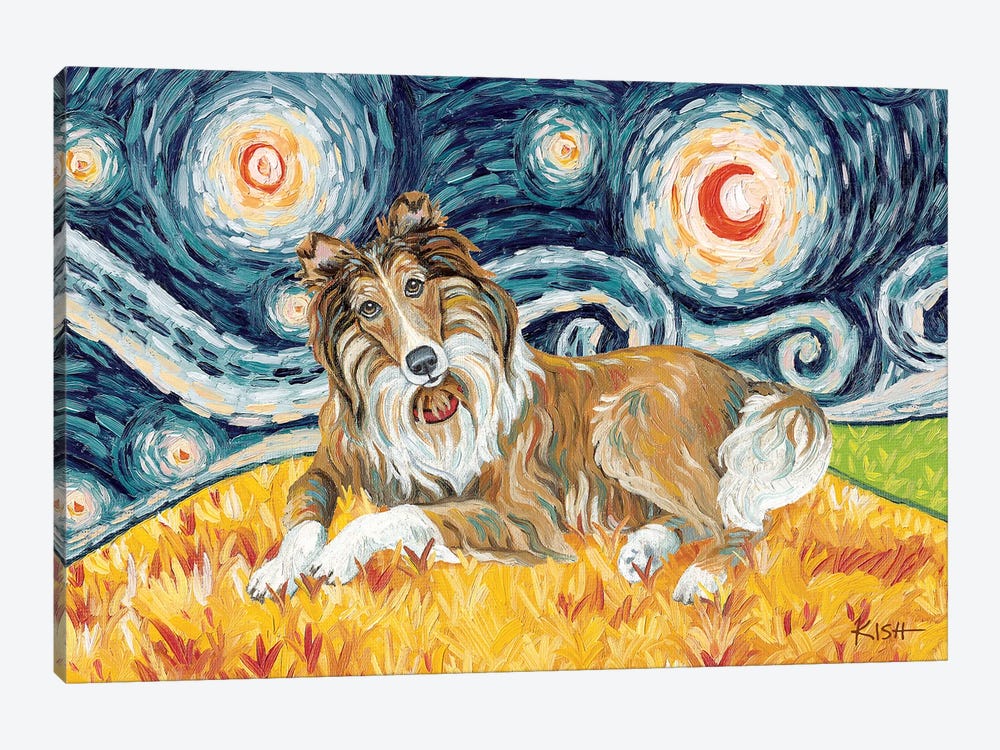 Collie On A Starry Night White Stripe by Gretchen Kish Serrano 1-piece Canvas Artwork