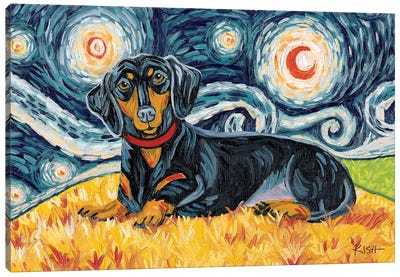 Dachshund On A Starry Night Black & Tan Canvas Art Print - Gretchen Kish Serrano