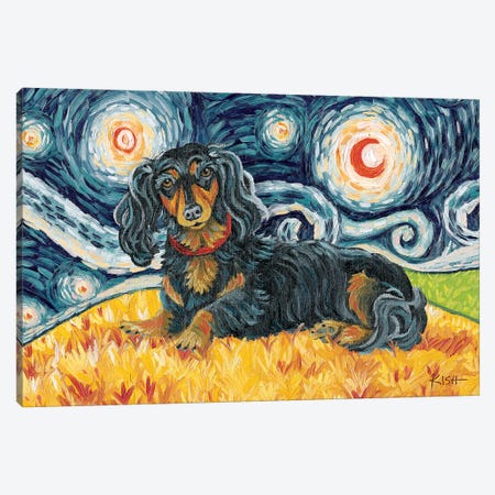 Dachshund On A Starry Night Long Haired Black & Tan Canvas Print #GKS52} by Gretchen Kish Serrano Canvas Wall Art