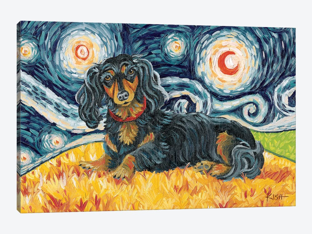 Dachshund On A Starry Night Long Haired Black & Tan by Gretchen Kish Serrano 1-piece Canvas Art