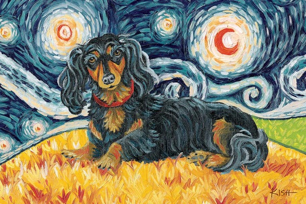Dachshunds: Dachshund On A Starry Night Long Haired Black & Tan by Gretchen KISH Serrano
