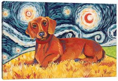Dachshund On A Starry Night Red Canvas Art Print - Dachshund Art
