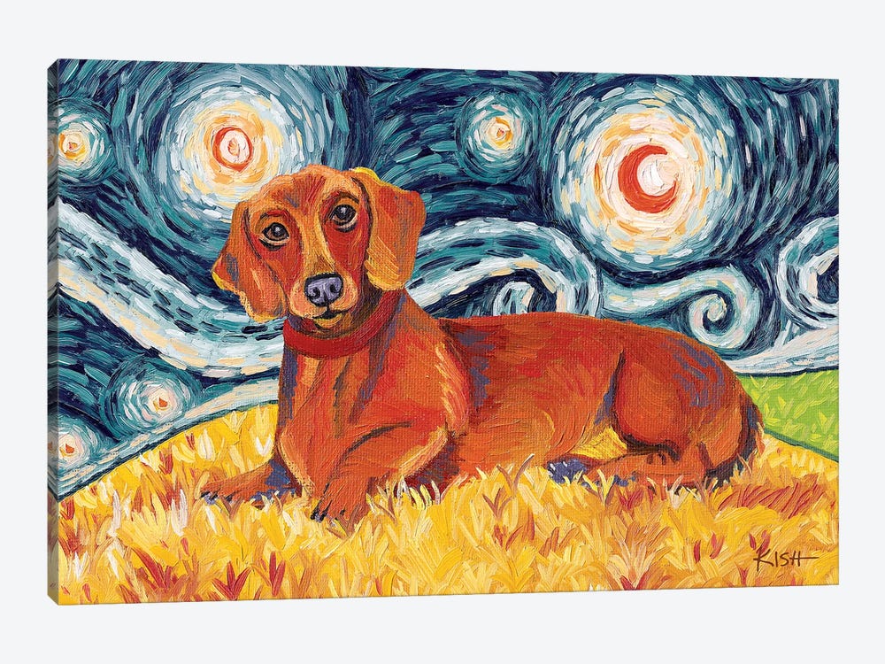 Dachshund On A Starry Night Red by Gretchen Kish Serrano 1-piece Canvas Print