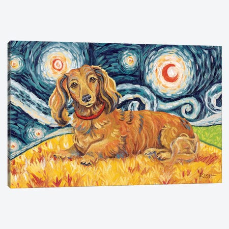 Dachshund On A Starry Night Long Haired Red Canvas Print #GKS54} by Gretchen Kish Serrano Canvas Art Print
