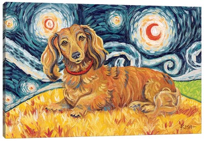 Dachshund On A Starry Night Long Haired Red Canvas Art Print - Dachshund Art