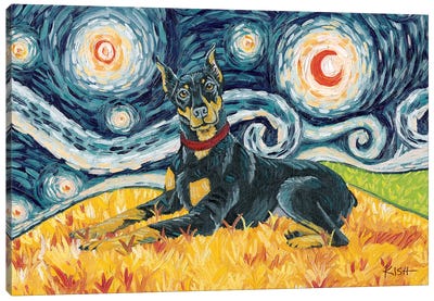 Doberman On A Starry Night Cropped Canvas Art Print - Doberman Pinscher Art