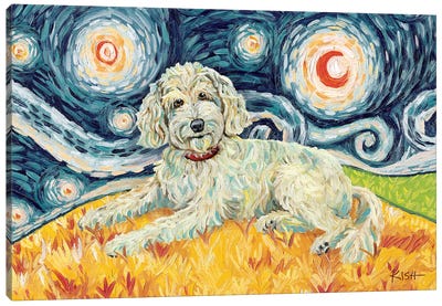 Doodle On A Starry Night Cream Canvas Art Print - Labradoodle Art