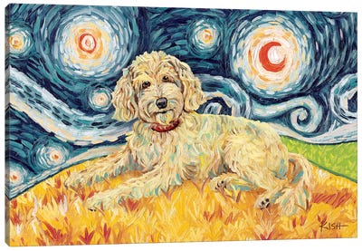 Doodle On A Starry Night Golden Canvas Art Print - Goldendoodles
