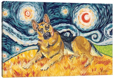 German Shepherd On A Starry Night Canvas Art Print - German Shepherd Art