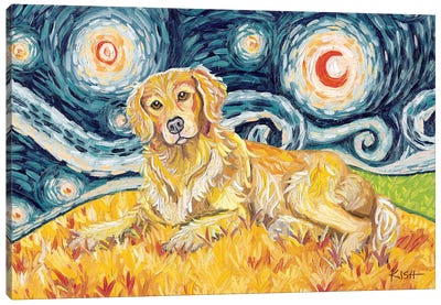 Golden Retriever On A Starry Night Canvas Art Print - Golden Retriever Art