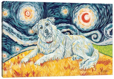 Great Pyrenees On A Starry Night Canvas Art Print