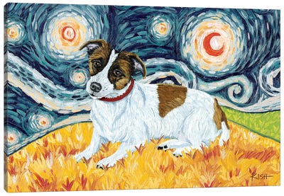 Jack Russell Terrier On A Starry Night Canvas Art Print - Jack Russell Terrier Art