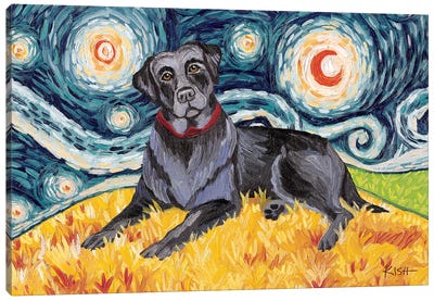 Black Lab On A Starry Night Canvas Art Print - Labrador Retriever Art