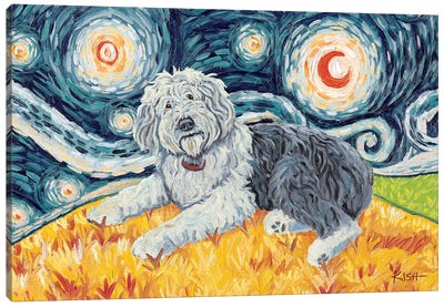 Old English Sheepdog On A Starry Night Canvas Art Print - Old English Sheepdog Art