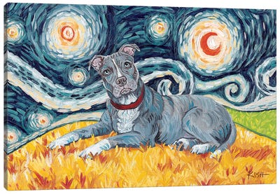 Pit Bull On A Starry Night Grey Canvas Art Print - Gretchen Kish Serrano