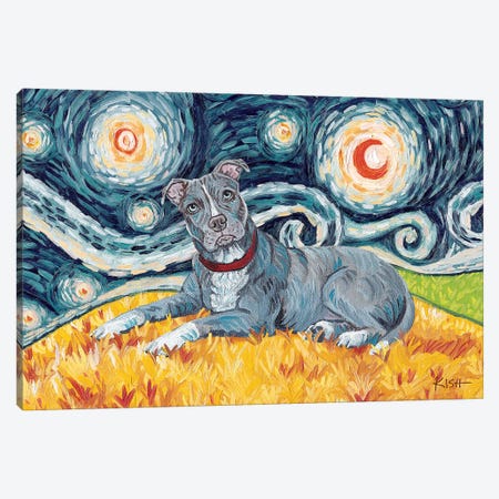 Pit Bull On A Starry Night Grey Canvas Print #GKS86} by Gretchen Kish Serrano Canvas Wall Art