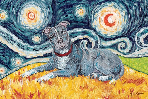 Pit Bulls: Pit Bull On A Starry Night Grey by Gretchen KISH Serrano