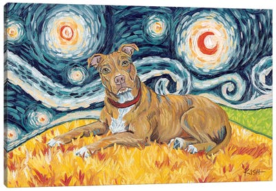Pit Bull On A Starry Night Tan Canvas Art Print - Pit Bull Art