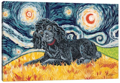 Poodle On A Starry Night Black Canvas Art Print - Gretchen Kish Serrano