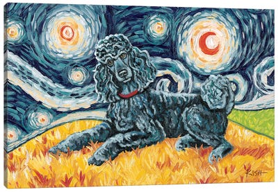 Standard Poodle On A Starry Night Black Canvas Art Print - Poodle Art