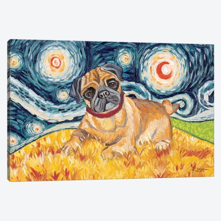 Pug On A Starry Night Canvas Print #GKS92} by Gretchen Kish Serrano Canvas Wall Art