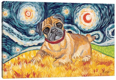 Pug On A Starry Night Canvas Art Print - Pug Art