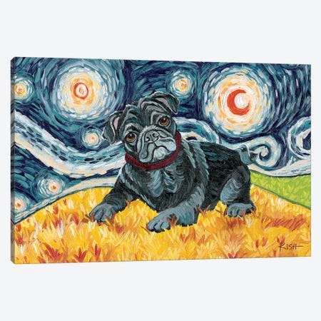 Pug On A Starry Night Black Canvas Print #GKS93} by Gretchen Kish Serrano Canvas Wall Art