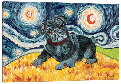 Pug On A Starry Night Black Canvas Art Print - Gretchen Kish Serrano