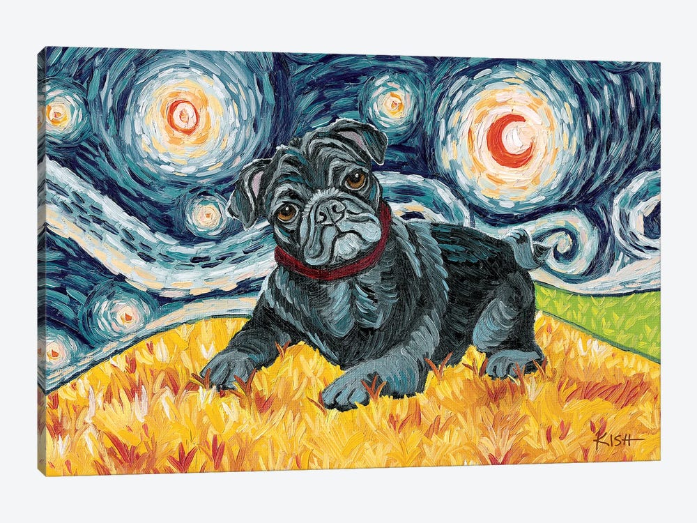 Pug On A Starry Night Black by Gretchen Kish Serrano 1-piece Canvas Art Print