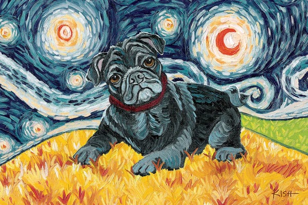 Starry Night Collection: Pug On A Starry Night Black by Gretchen KISH Serrano