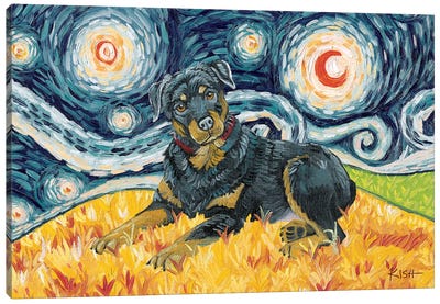 Rottweiler On A Starry Night Canvas Art Print - Gretchen Kish Serrano