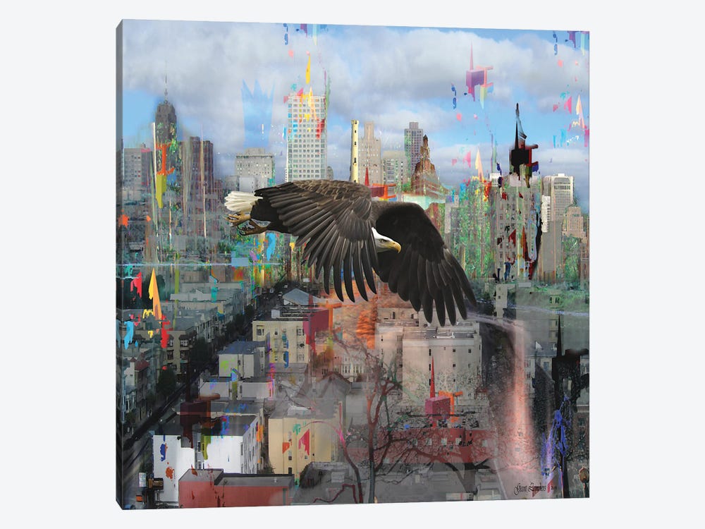 Cityscape With Distrustful Bird by Geert Lemmers 1-piece Art Print