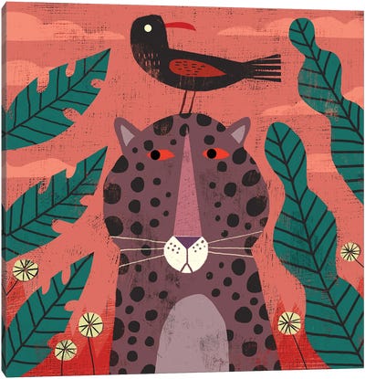 Leopard With Pesky Bird Canvas Art Print - Gareth Lucas