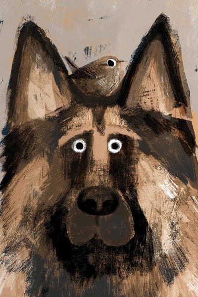 Gareth Lucas: German Shepherd With Pesky Wren by Gareth Lucas