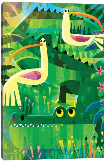 Croc With Pesky Birds Canvas Art Print - Gareth Lucas