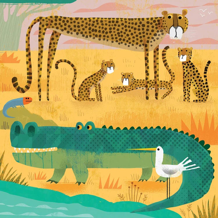 Croc With Wary Cheetahs