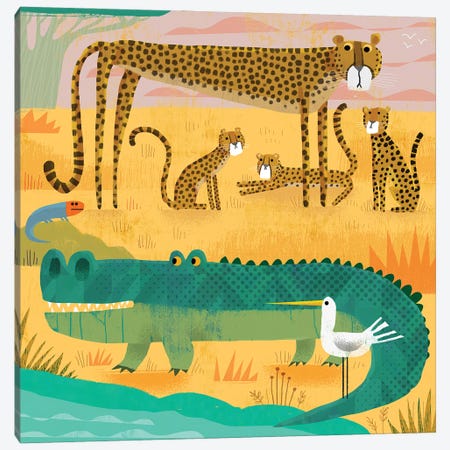 Croc With Wary Cheetahs Canvas Print #GLS18} by Gareth Lucas Art Print