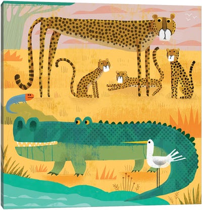 Croc With Wary Cheetahs Canvas Art Print - Crocodile & Alligator Art