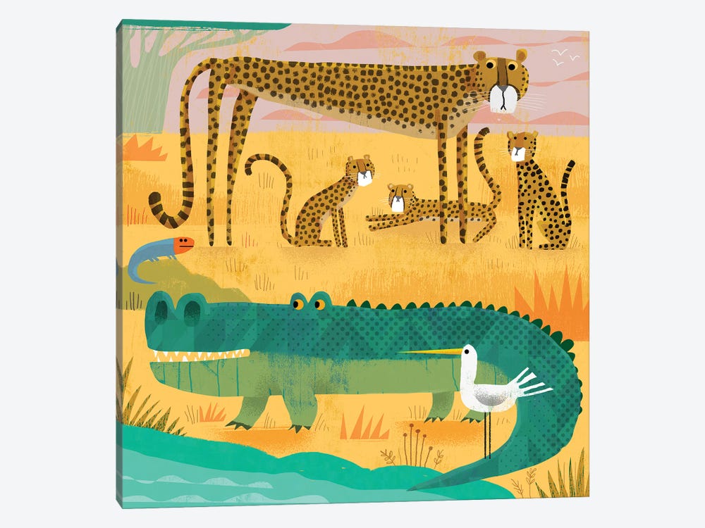 Croc With Wary Cheetahs by Gareth Lucas 1-piece Canvas Wall Art