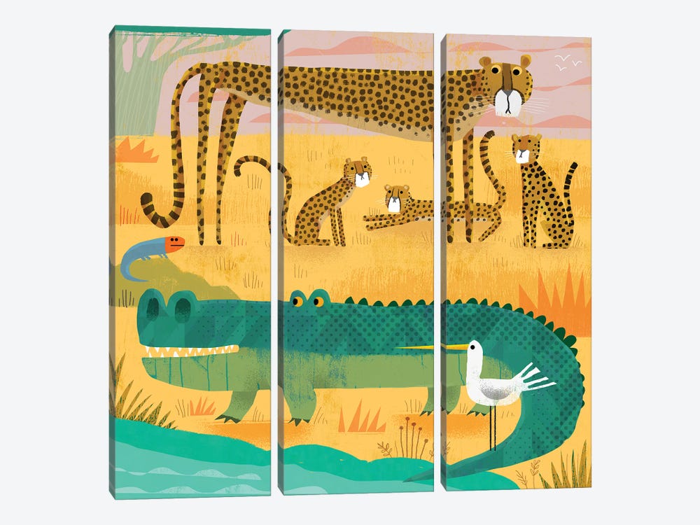 Croc With Wary Cheetahs by Gareth Lucas 3-piece Canvas Artwork