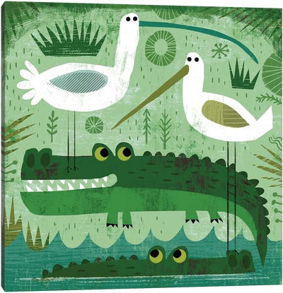 Crocs With Pesky Birds Canvas Art Print - Crocodile & Alligator Art