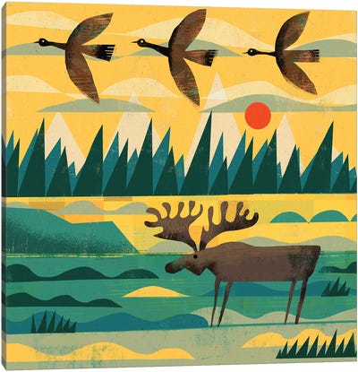 A Moose And Three Goose Canvas Art Print - Moose Art