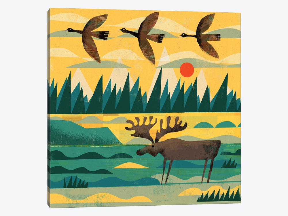A Moose And Three Goose by Gareth Lucas 1-piece Canvas Artwork
