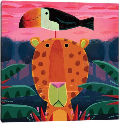 Leopard With Pesky Toucan Canvas Art Print