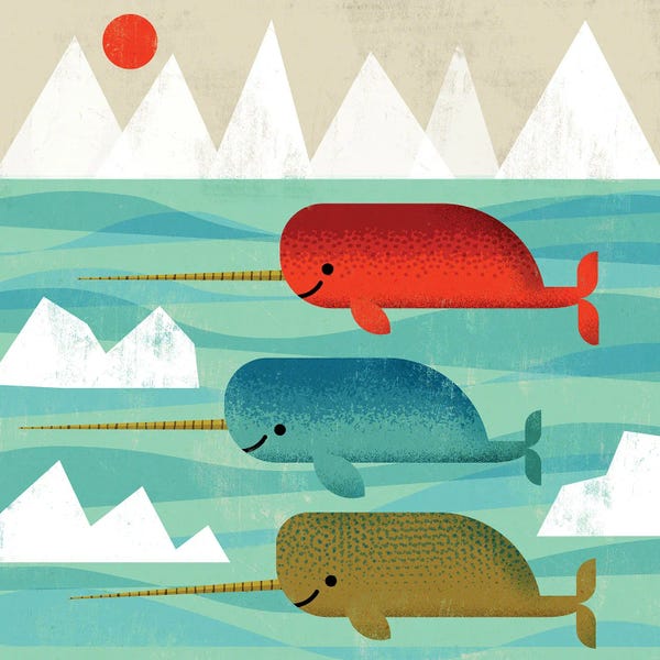 Mid-Century Modern Animals: Happy Narwhals by Gareth Lucas